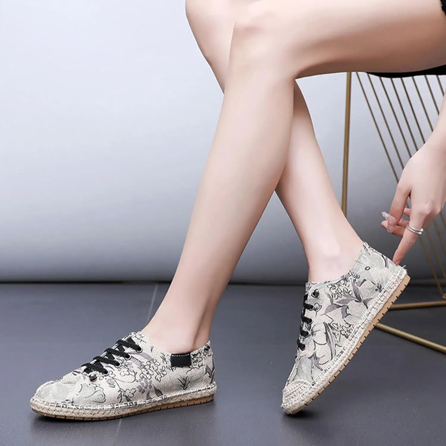 Retro Women's Lace Up Linen Shoes, Fashion Traditional Chinese Flat Heel Casual Footwear, Slip on Soft Breathable Flat Shoes,7,B