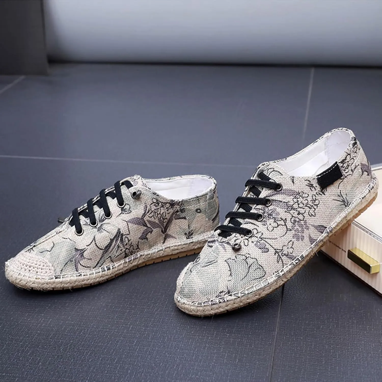 Retro Women's Lace Up Linen Shoes, Fashion Traditional Chinese Flat Heel Casual Footwear, Slip on Soft Breathable Flat Shoes,7,B