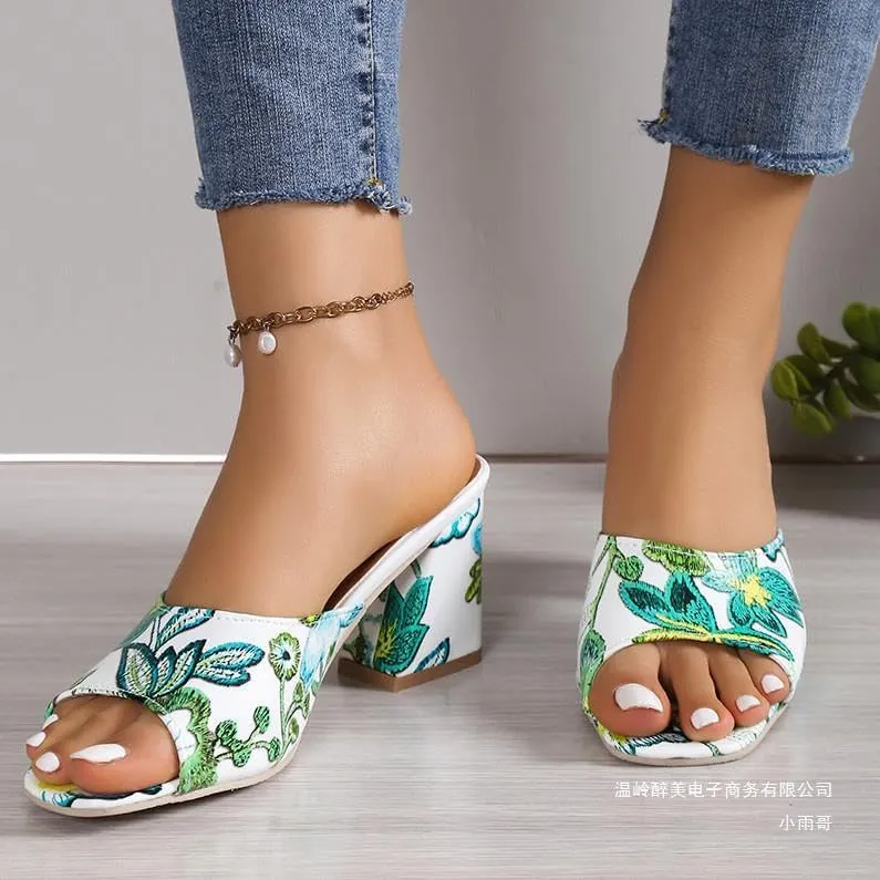 SACFOF Women's Block Heels Mules Peep Toe High Block Chunky Slip On Dress Heel Sandals Wedding Party Evening Pump Slipper