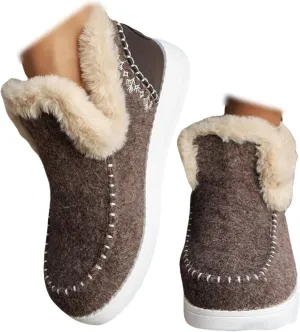 SACFOF Womens Winter Flat Fluffy Snow Boots,Warm Faux Fur Lining Anti-Slip Slip on Loafer Casual Outdoor Plush Short Booties