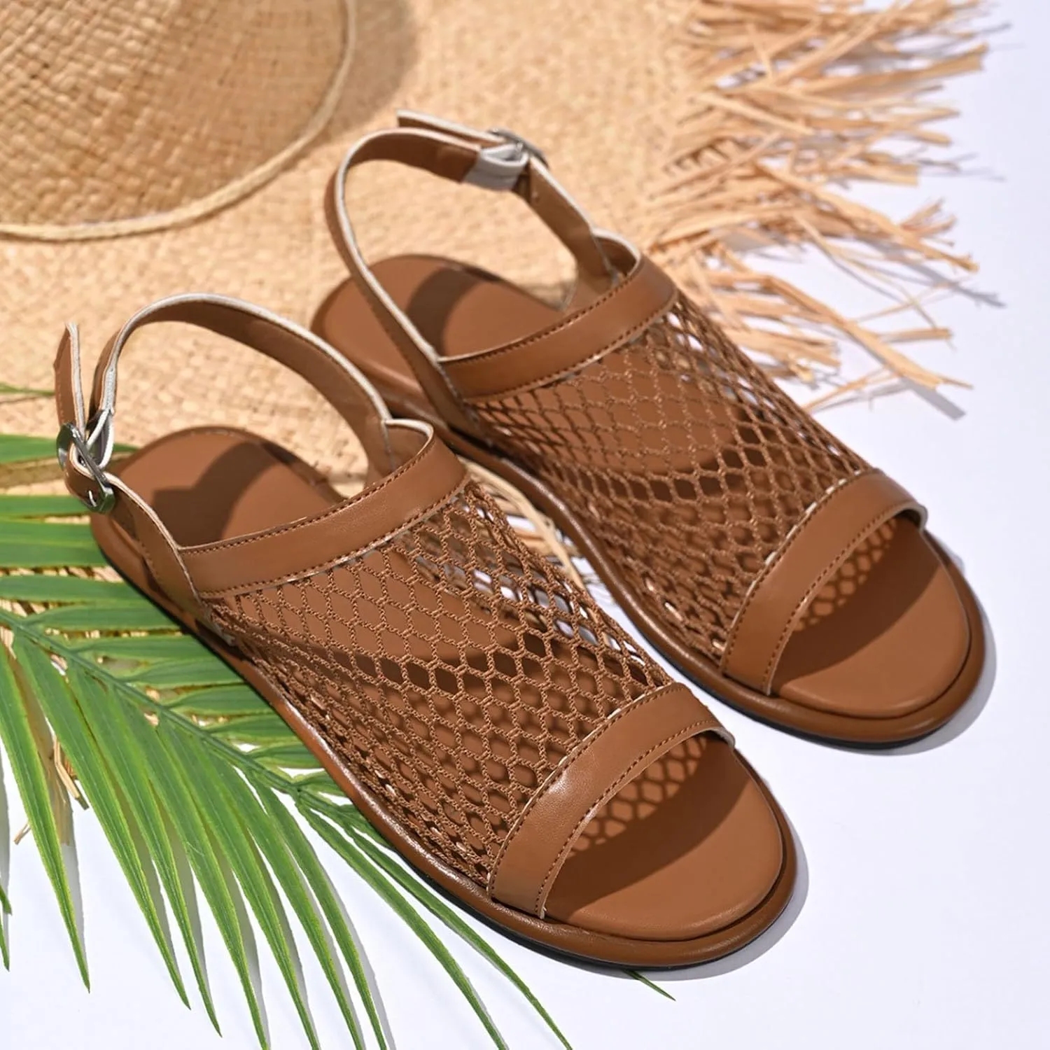 Sandals for Women Casual Slip on Slingback Stylish Open Toe Shoes Mesh Band Flat Mules Summer Dressy Beach Sandals