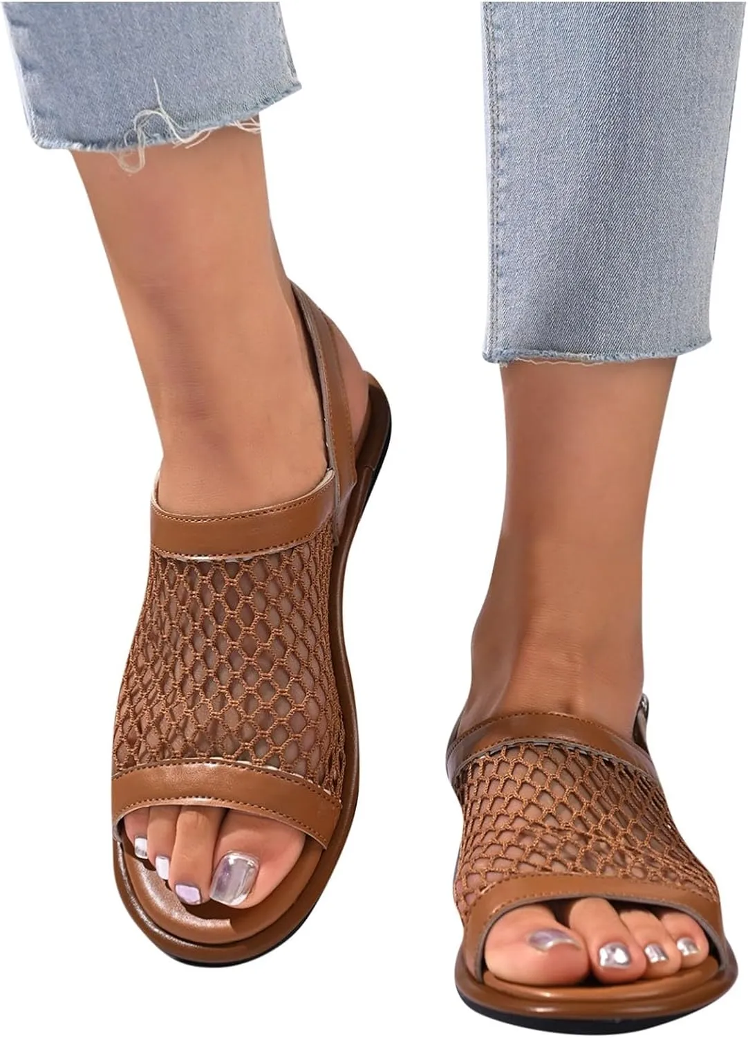 Sandals for Women Casual Slip on Slingback Stylish Open Toe Shoes Mesh Band Flat Mules Summer Dressy Beach Sandals