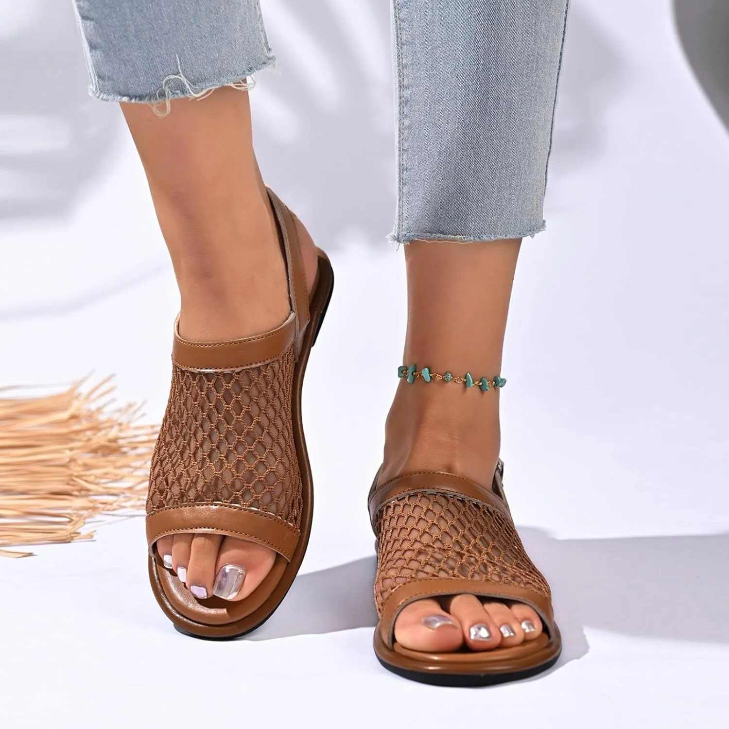 Sandals for Women Casual Slip on Slingback Stylish Open Toe Shoes Mesh Band Flat Mules Summer Dressy Beach Sandals