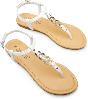 SANDALUP Thong Flat Sandals with Ring Metal and Adjustable Ankle Buckle for Women Summer