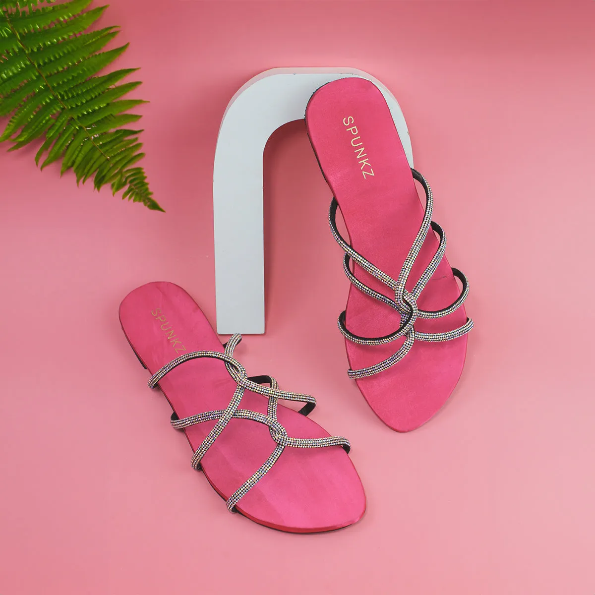 Sandy Pink Rhinestone Diamante Twirl Flat Sandals-11046