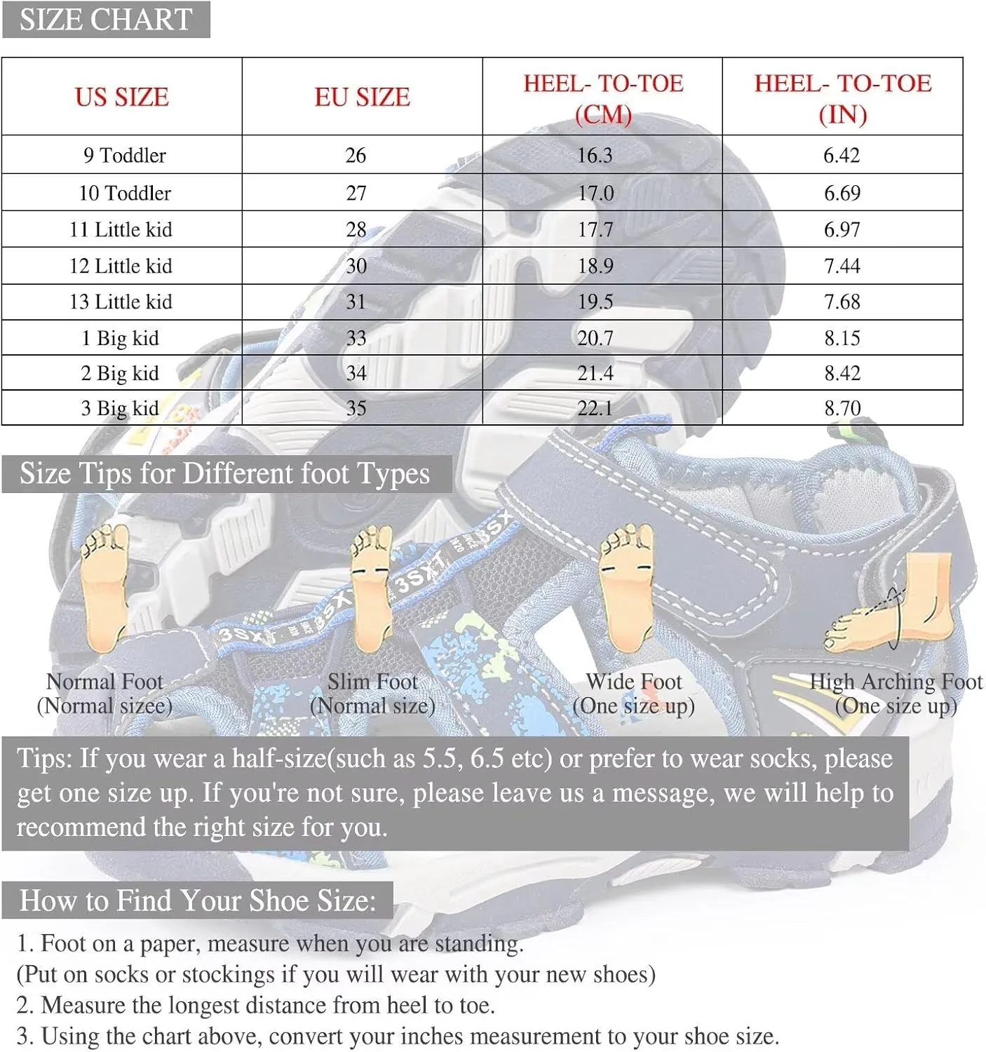 seannel Kids Athletic Sandals Boys and Girls Outdoor Hiking Sports Closed-Toe Sandal Pool Beach Shoes Summer Water shoes
