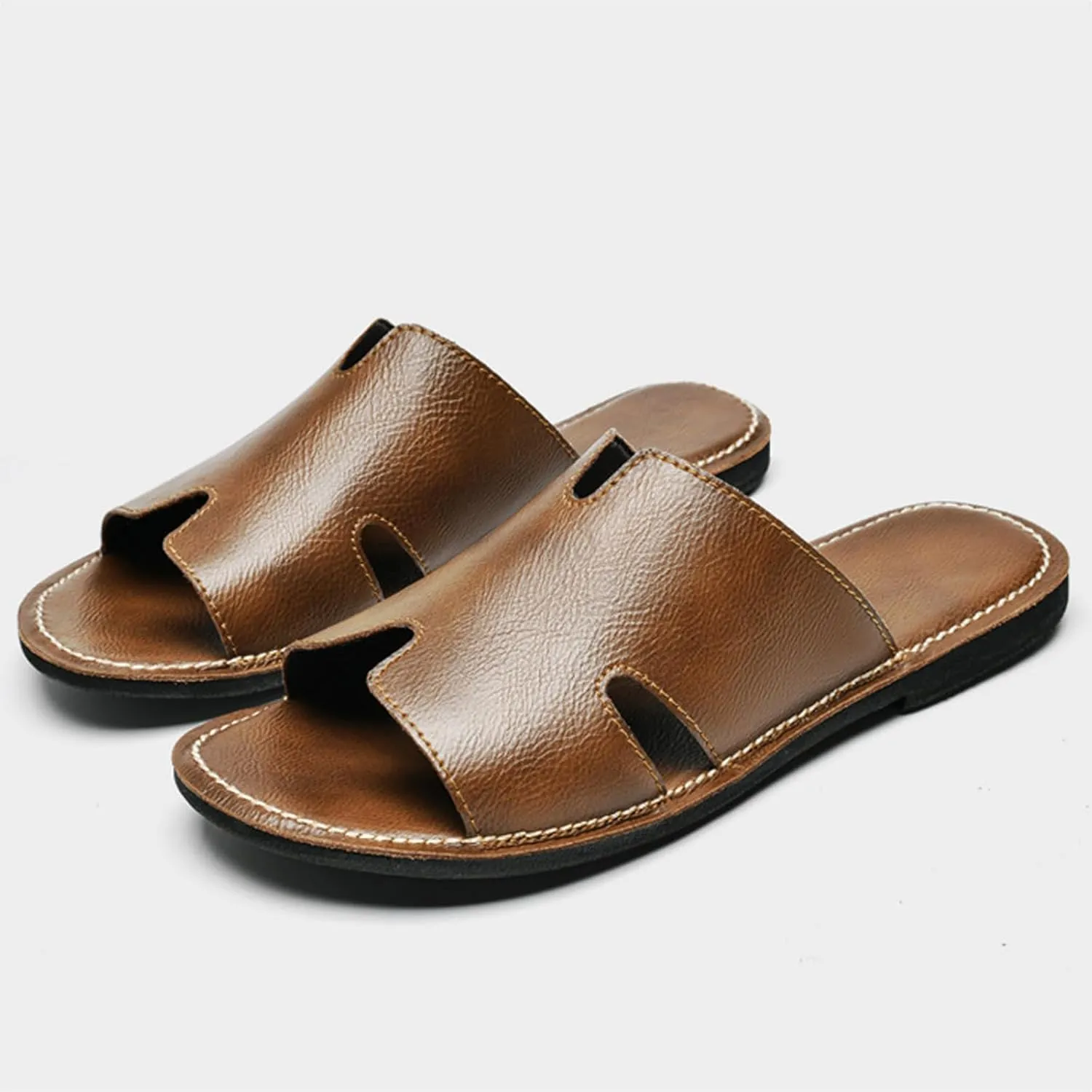 SEDFGLS Men's Genuine Leather Flat Slides Sandals Summer Classic Round Open Toe Slip On Softsole Male Sandals for Beach Walking Slides
