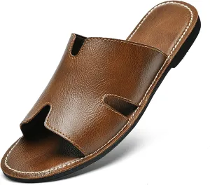 SEDFGLS Men's Genuine Leather Flat Slides Sandals Summer Classic Round Open Toe Slip On Softsole Male Sandals for Beach Walking Slides