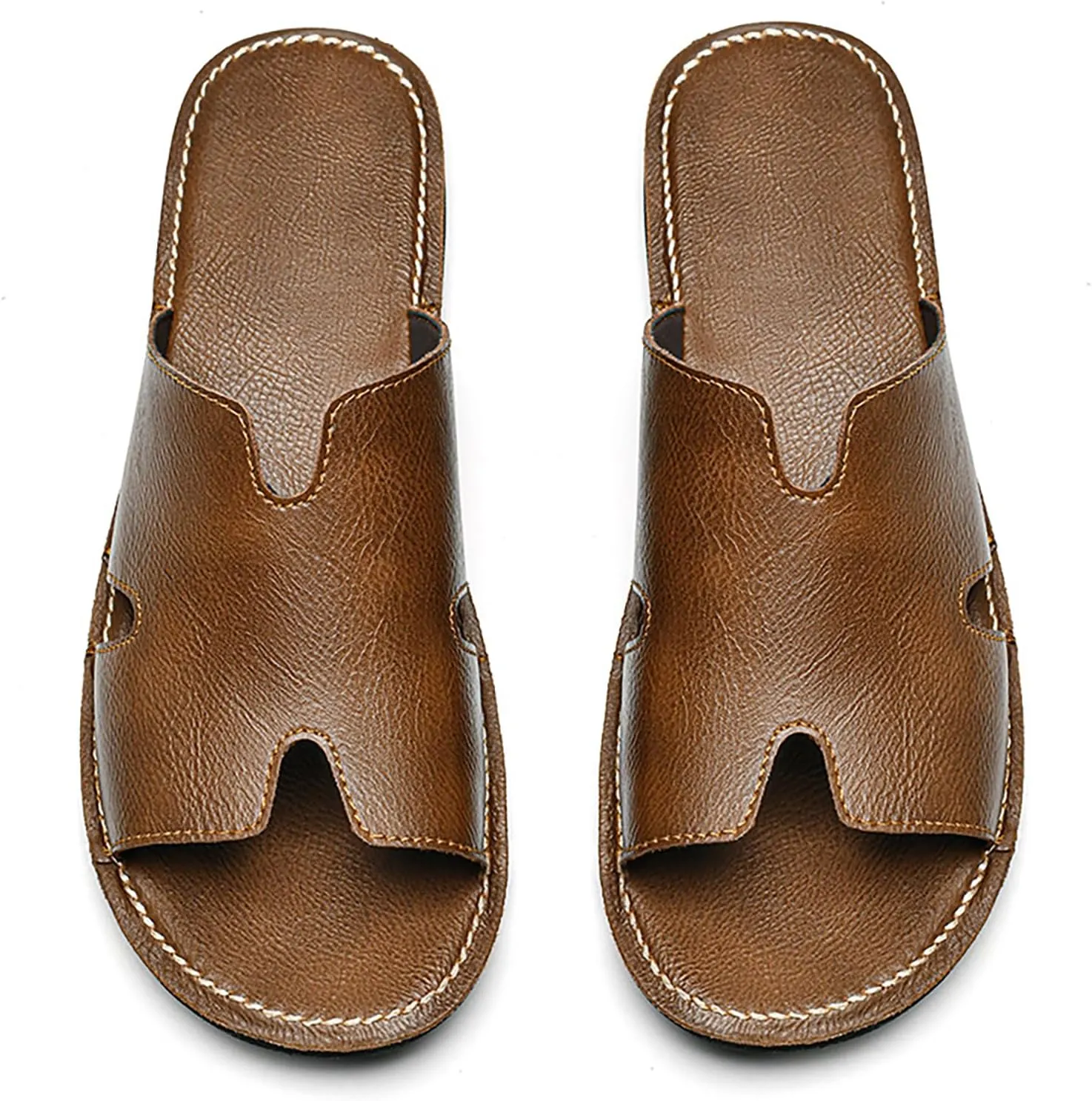 SEDFGLS Men's Genuine Leather Flat Slides Sandals Summer Classic Round Open Toe Slip On Softsole Male Sandals for Beach Walking Slides