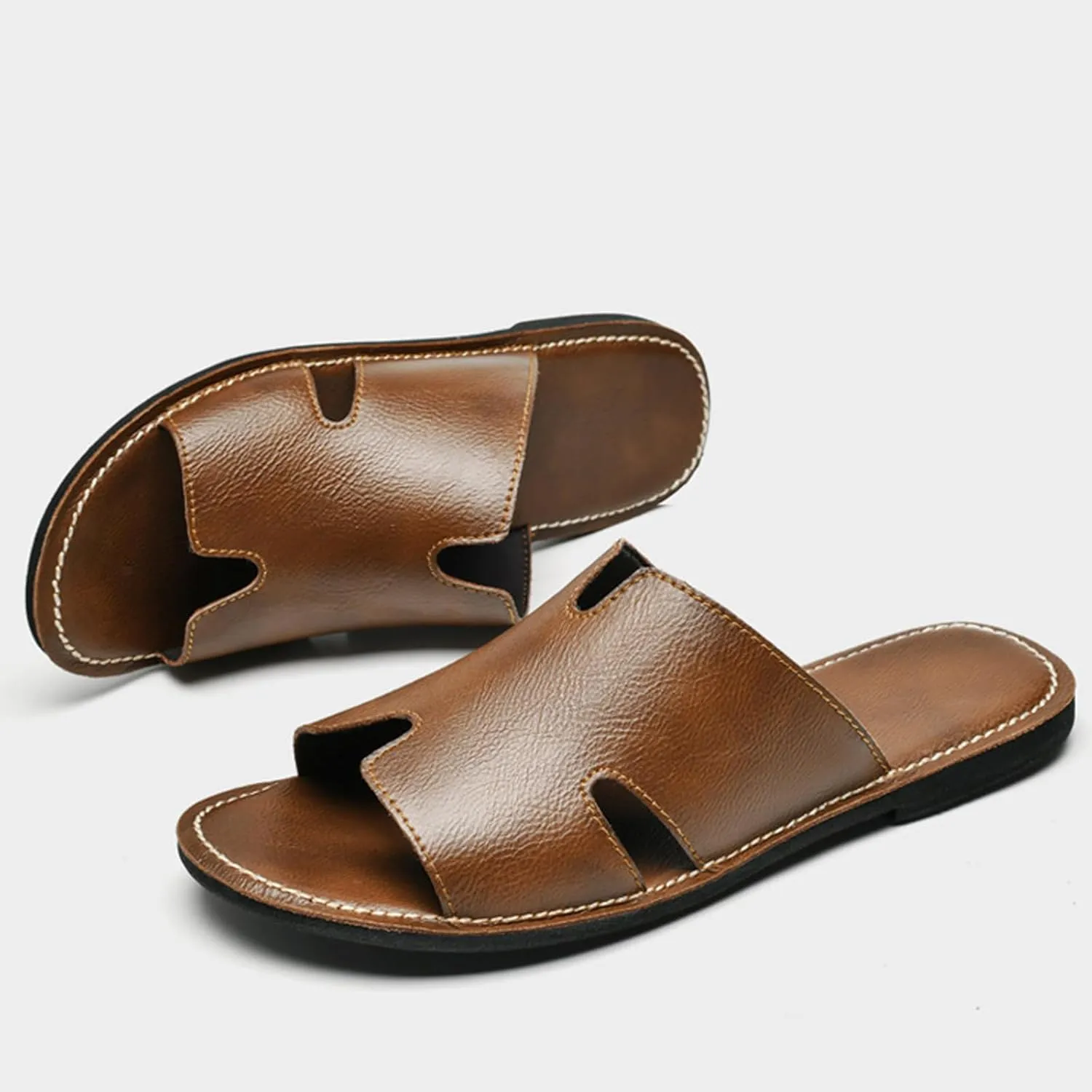 SEDFGLS Men's Genuine Leather Flat Slides Sandals Summer Classic Round Open Toe Slip On Softsole Male Sandals for Beach Walking Slides