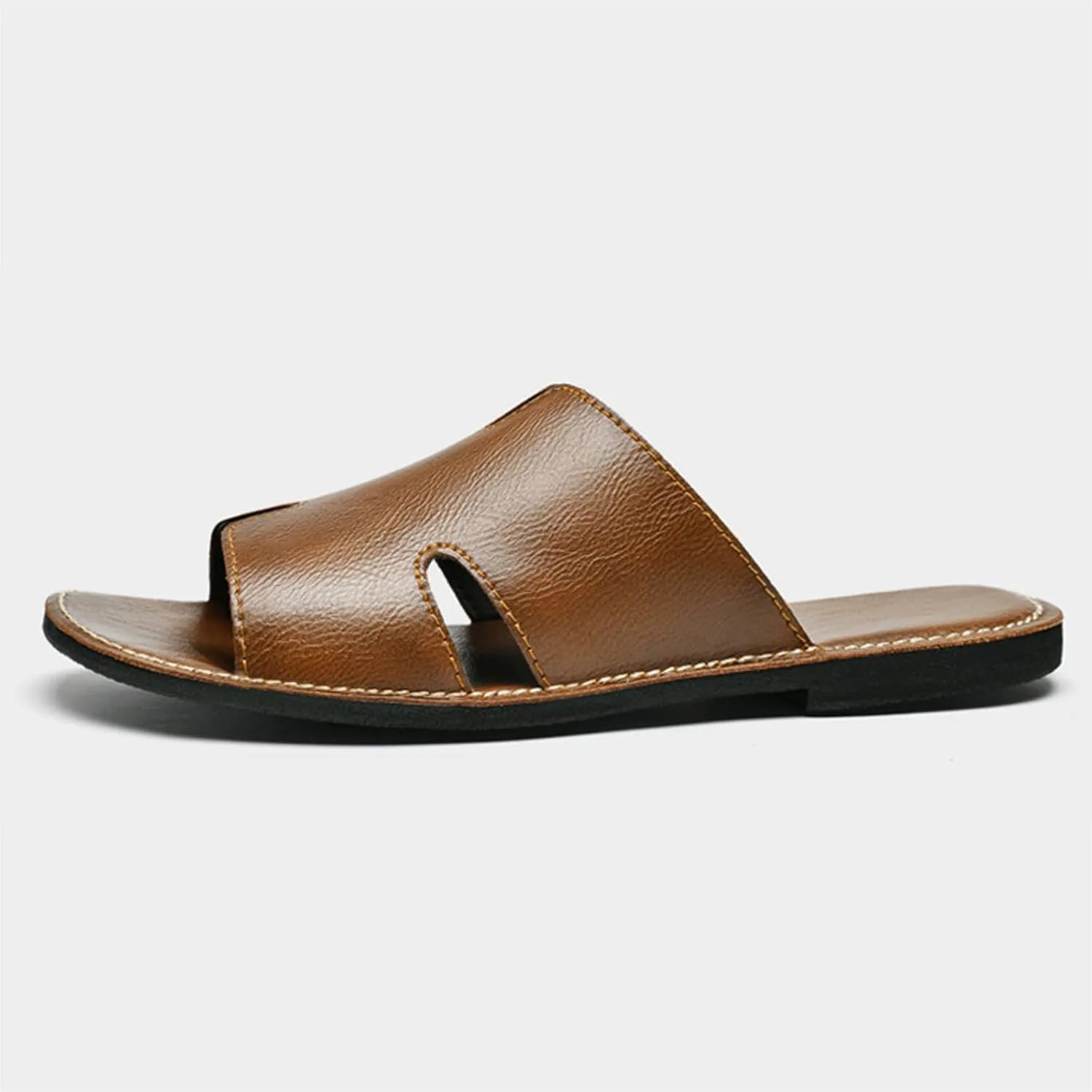 SEDFGLS Men's Genuine Leather Flat Slides Sandals Summer Classic Round Open Toe Slip On Softsole Male Sandals for Beach Walking Slides