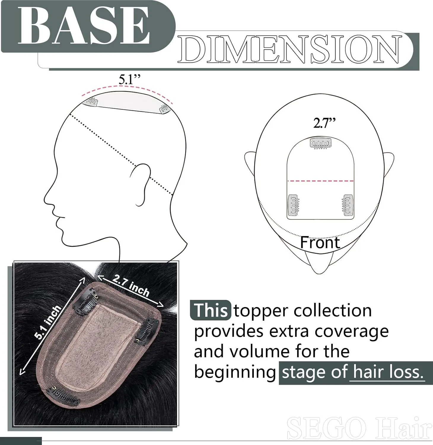 SEGO Hair Toppers for Women, Clip in Real Human Hair Toppers Straight with Bangs 150% Density Silk Base -12 Inch #1 Jet Black