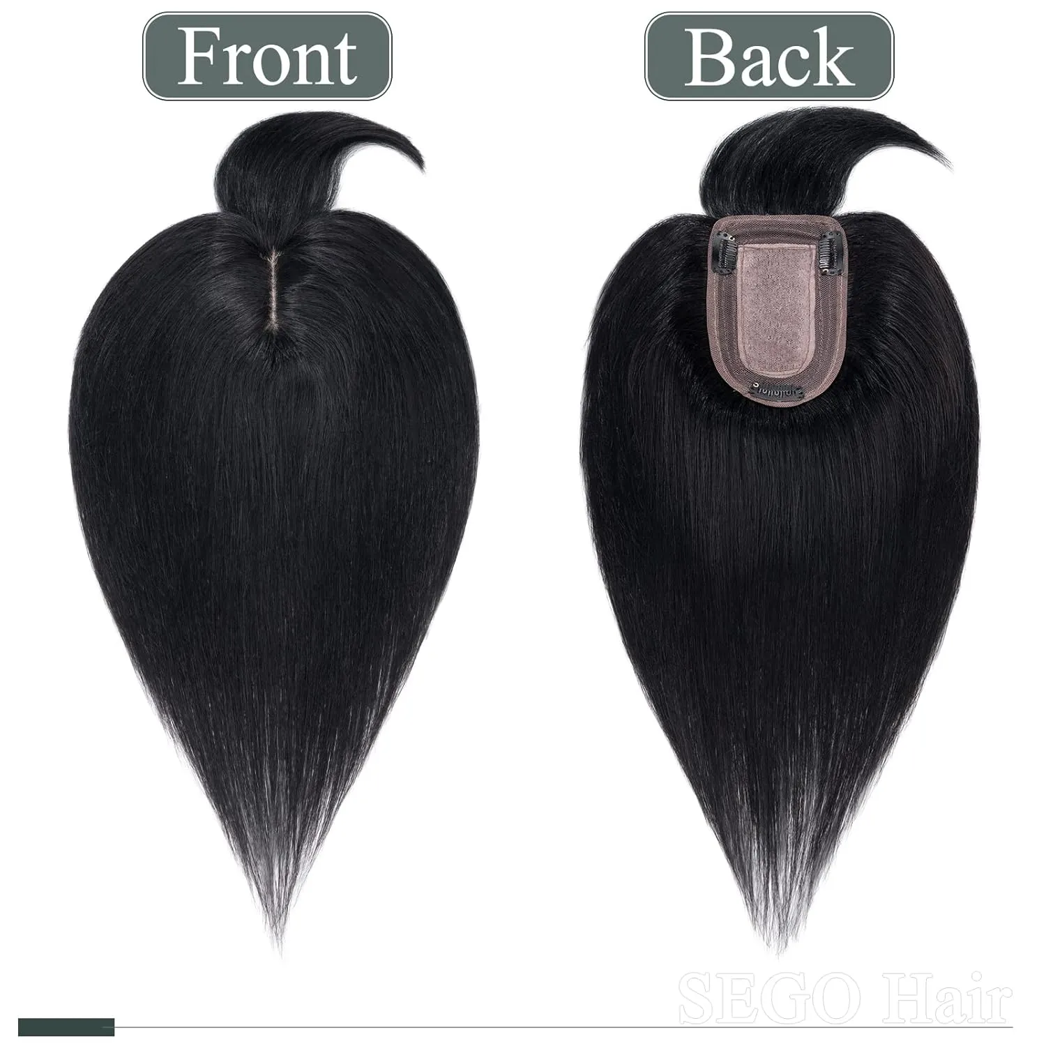 SEGO Hair Toppers for Women, Clip in Real Human Hair Toppers Straight with Bangs 150% Density Silk Base -12 Inch #1 Jet Black
