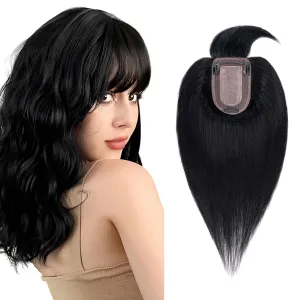 SEGO Hair Toppers for Women, Clip in Real Human Hair Toppers Straight with Bangs 150% Density Silk Base -12 Inch #1 Jet Black