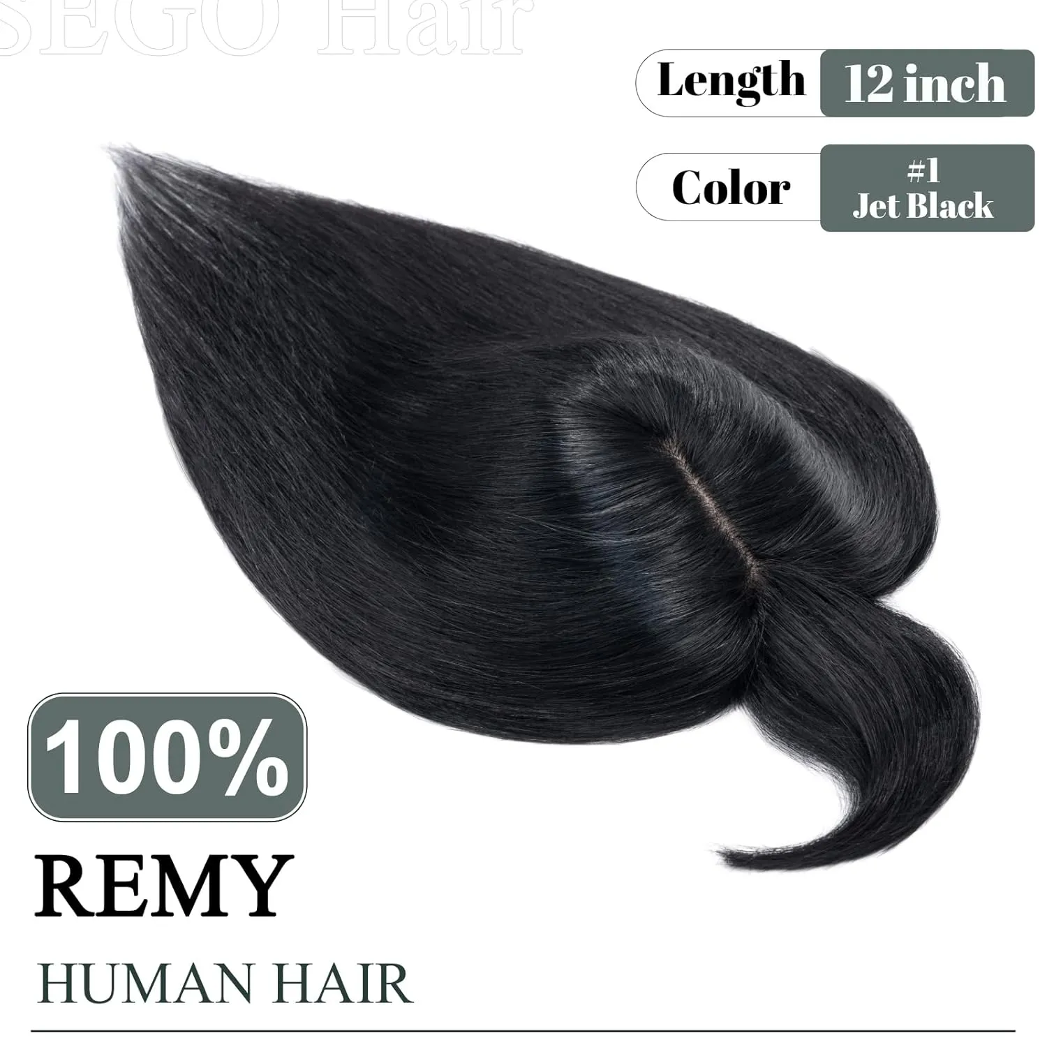 SEGO Hair Toppers for Women, Clip in Real Human Hair Toppers Straight with Bangs 150% Density Silk Base -12 Inch #1 Jet Black