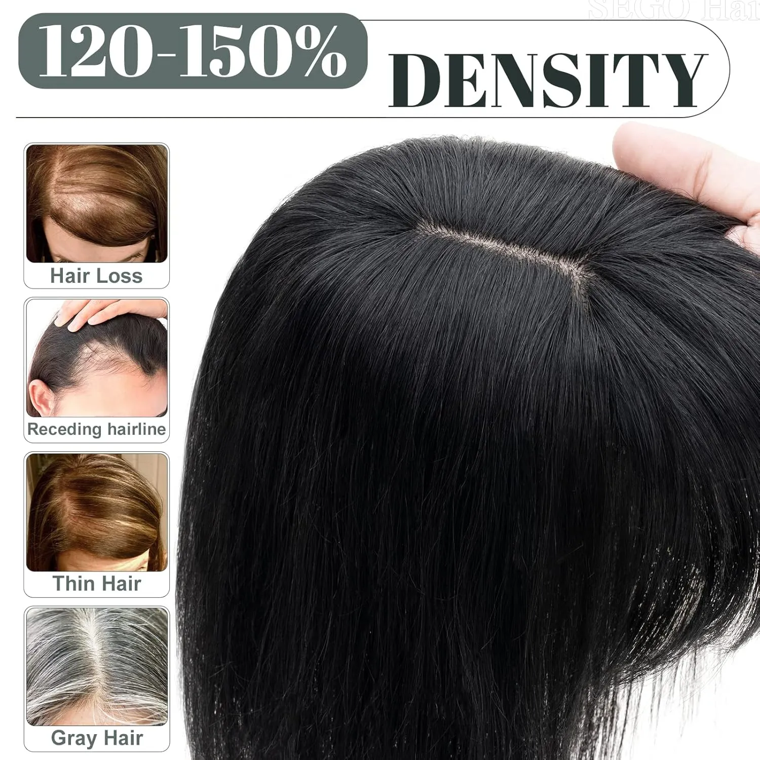 SEGO Hair Toppers for Women, Clip in Real Human Hair Toppers Straight with Bangs 150% Density Silk Base -12 Inch #1 Jet Black