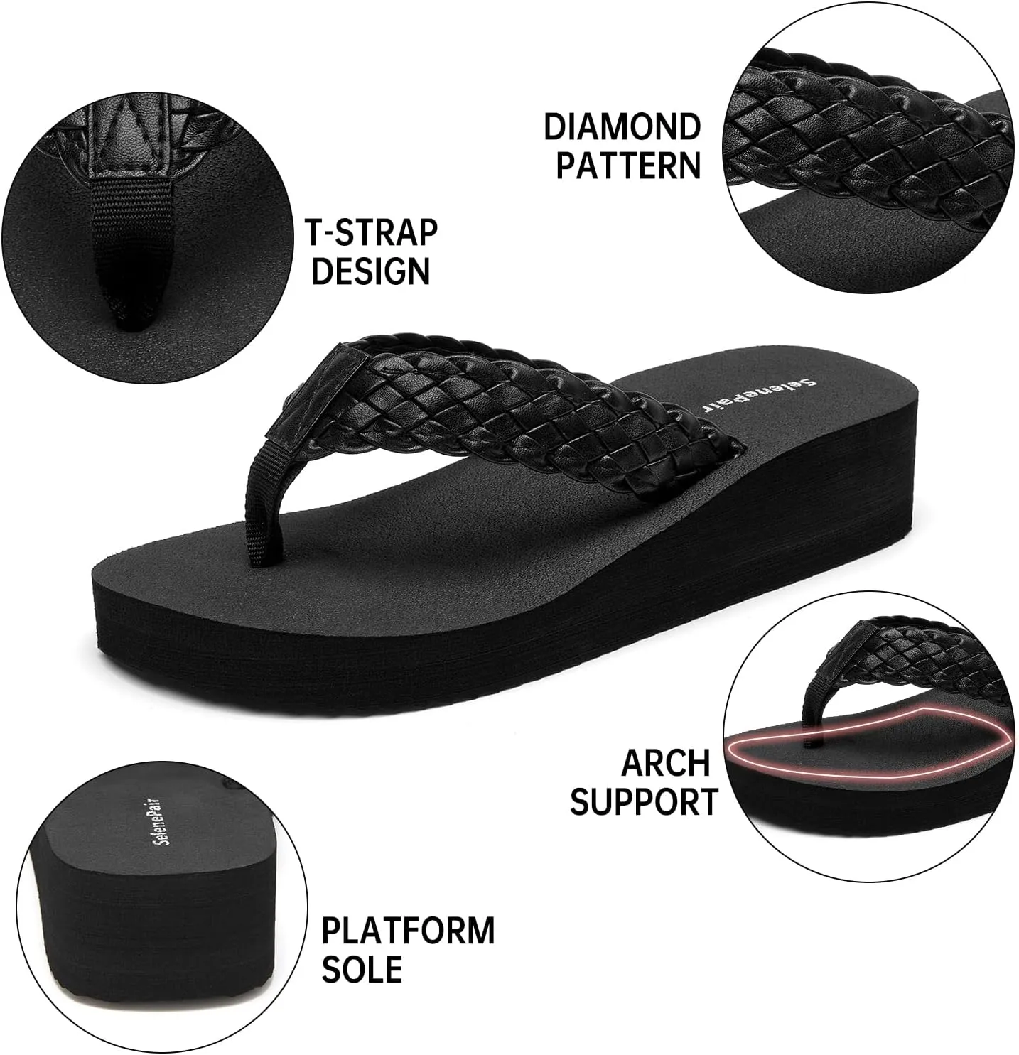 SelenePair Women's Platform Flip Flops Comfortable Arch Support Rhinestone Braid Summer Beach Slide Sandals Soft Woven Strap Slip On Lightweight Casual Walking Thong Sandals