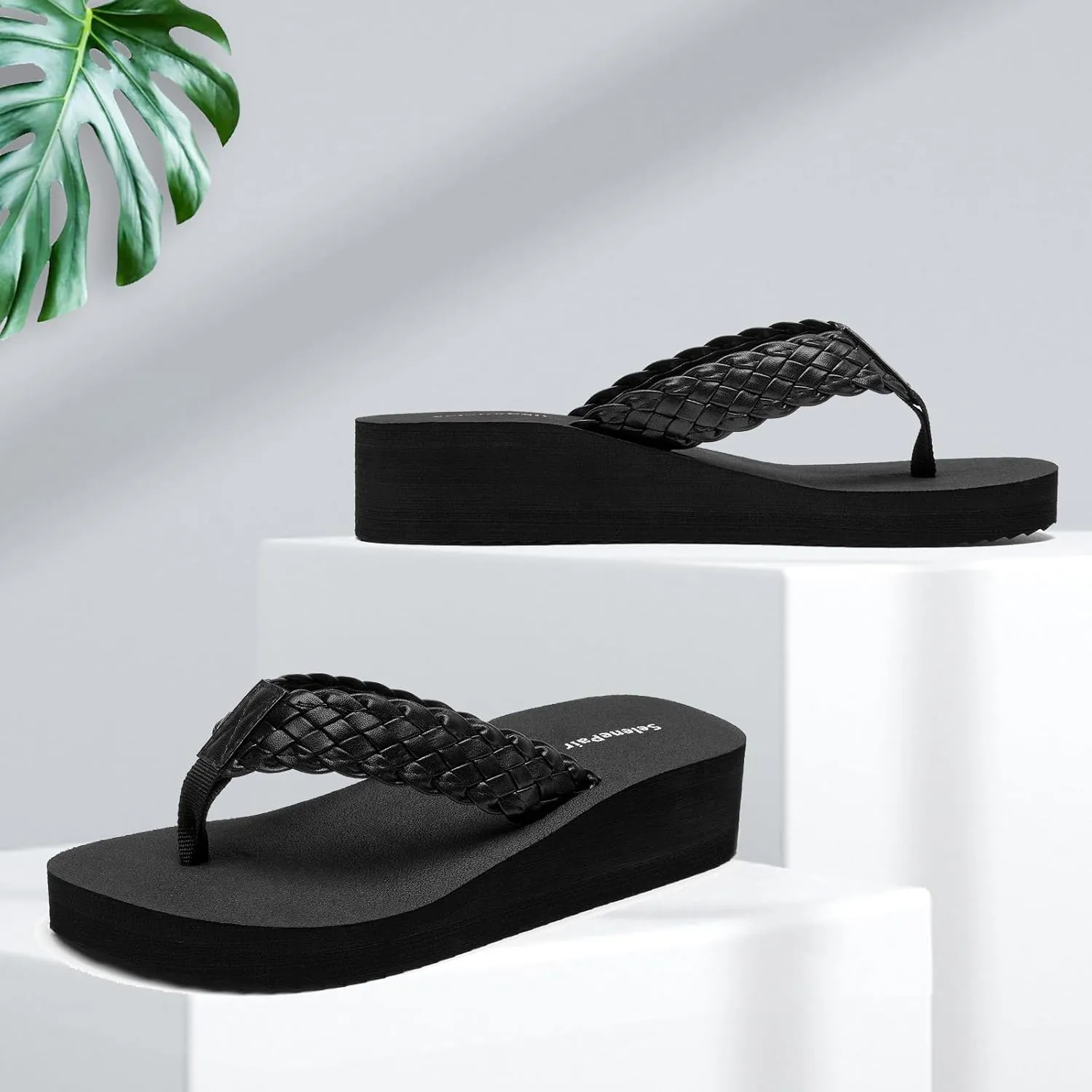 SelenePair Women's Platform Flip Flops Comfortable Arch Support Rhinestone Braid Summer Beach Slide Sandals Soft Woven Strap Slip On Lightweight Casual Walking Thong Sandals