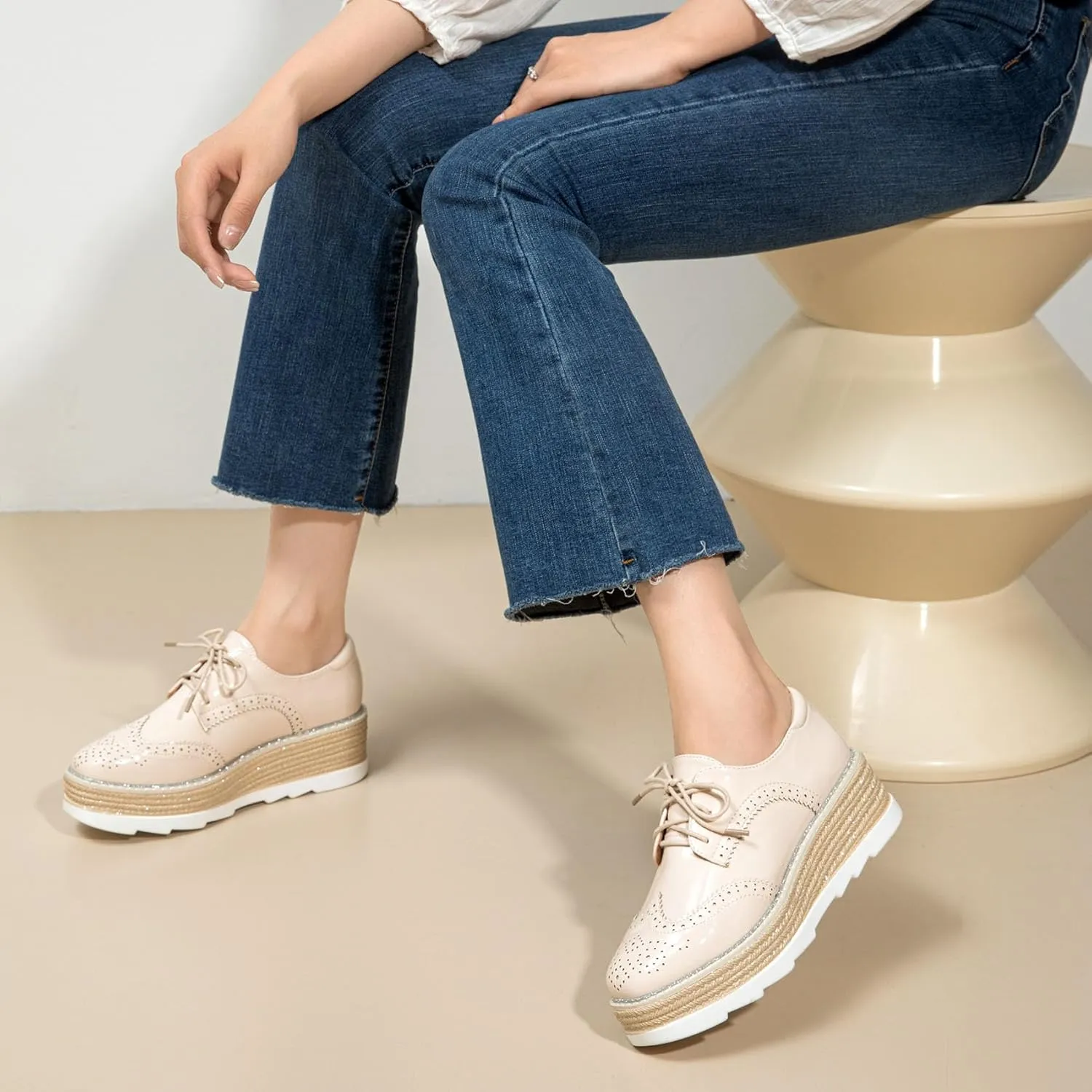 SHEMEE Women's Platform Heels Wedge Lace Up Oxfords Pumps Retro Wingtip High Heels Round Toe British Style Brogues Leisure Sneaker Shoes