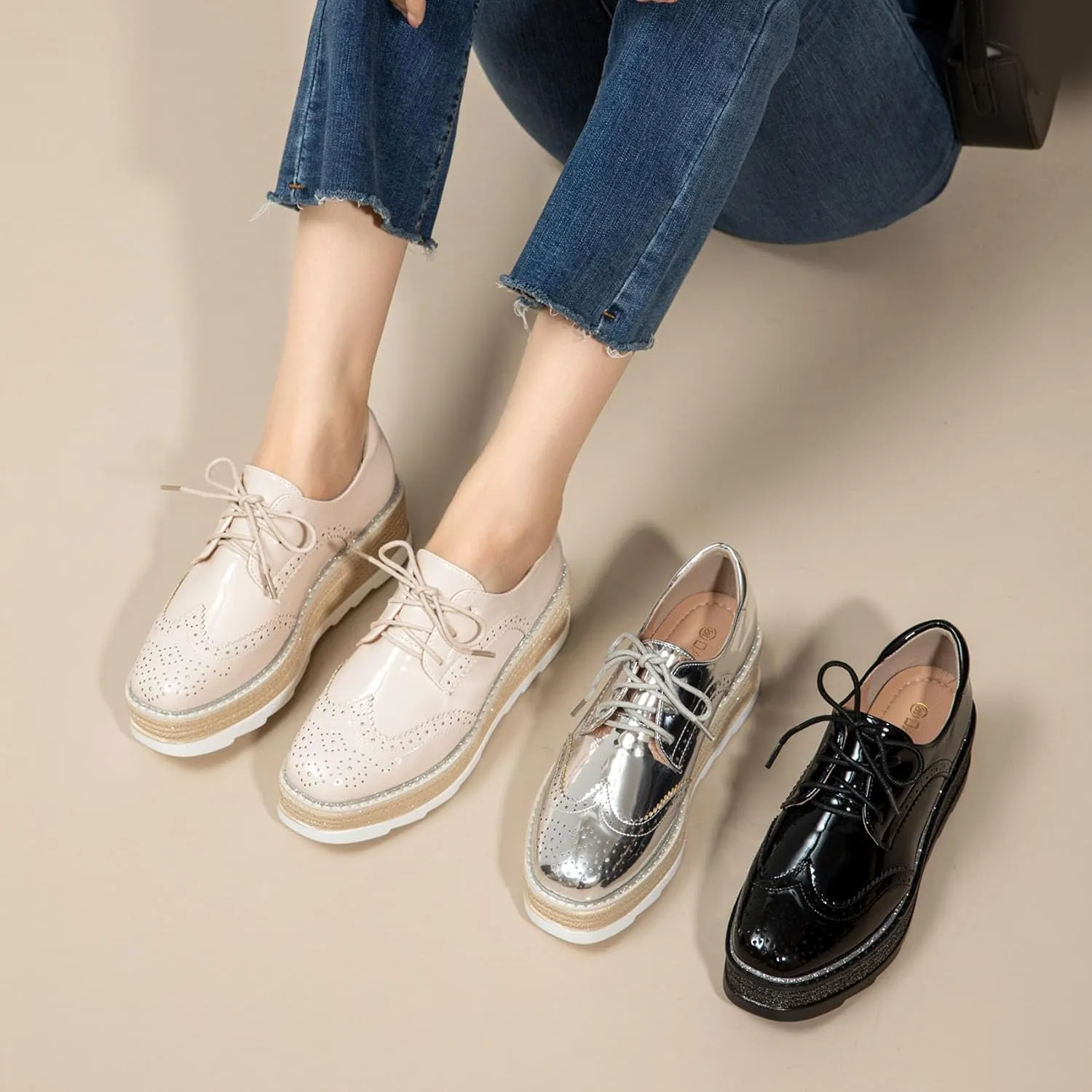 SHEMEE Women's Platform Heels Wedge Lace Up Oxfords Pumps Retro Wingtip High Heels Round Toe British Style Brogues Leisure Sneaker Shoes