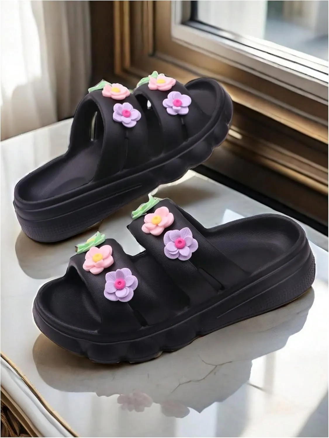 SHENHE Girl's EVA Double Strap Slip on Slides Slippers Open Toe Summer Vacation Flat Sandals