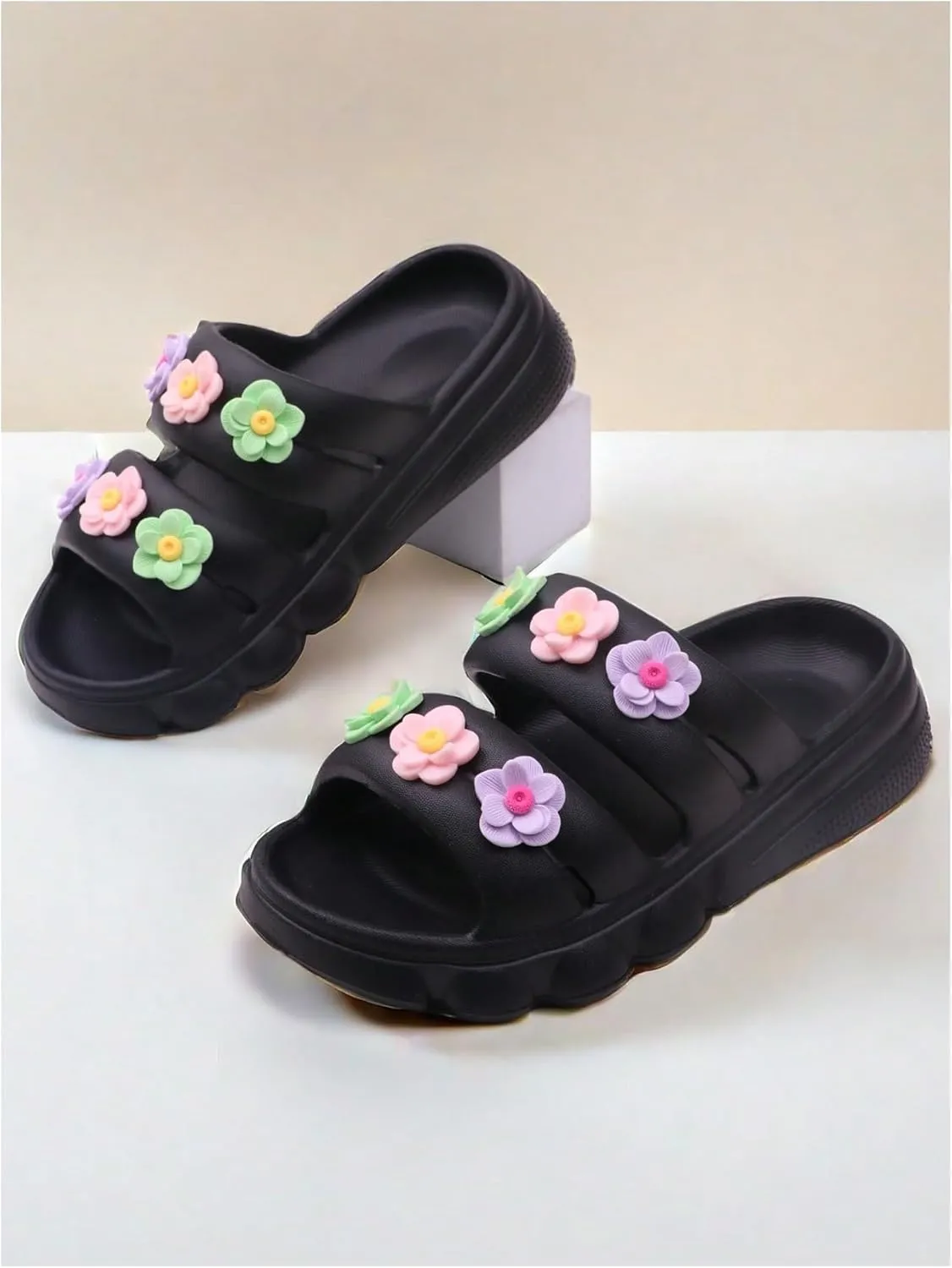 SHENHE Girl's EVA Double Strap Slip on Slides Slippers Open Toe Summer Vacation Flat Sandals