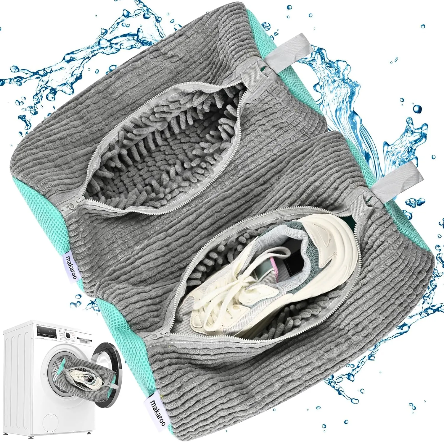 Shoe Bag for Washing Machine, Sneaker Cleaning Bag 2 PCS Set Grey, Fluffy Fiber Inside, Large Size Shoe Washing Machine Bag, 360 Laundry Bag for Tennis Gym Running Trainers Hiking