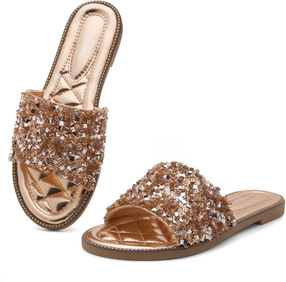 Shoe Land Joli Women's Flat Sandals, Fashion Sparkly Slides, Open Toe Rhinestone Slippers, Glitter Bling Casual Sandals with Cushioned Footbed for Summer, Daily Wear, and Party