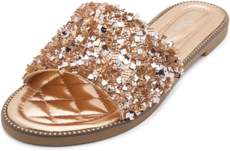 Shoe Land Joli Women's Flat Sandals, Fashion Sparkly Slides, Open Toe Rhinestone Slippers, Glitter Bling Casual Sandals with Cushioned Footbed for Summer, Daily Wear, and Party