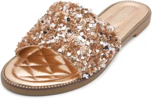 Shoe Land Joli Women's Flat Sandals, Fashion Sparkly Slides, Open Toe Rhinestone Slippers, Glitter Bling Casual Sandals with Cushioned Footbed for Summer, Daily Wear, and Party