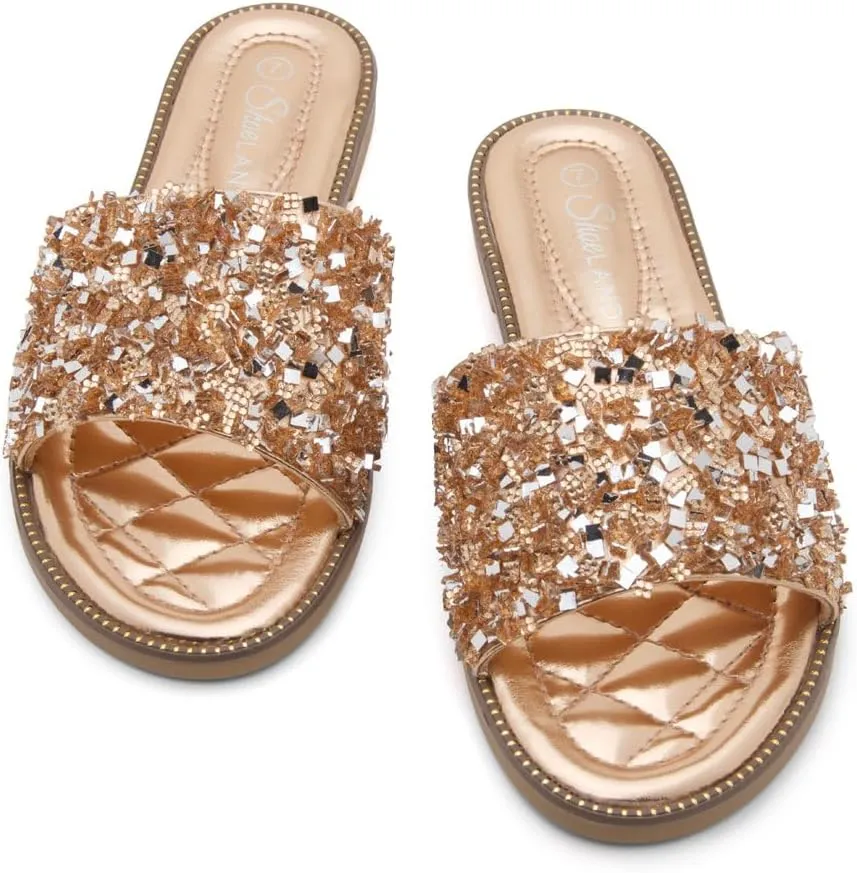 Shoe Land Joli Women's Flat Sandals, Fashion Sparkly Slides, Open Toe Rhinestone Slippers, Glitter Bling Casual Sandals with Cushioned Footbed for Summer, Daily Wear, and Party