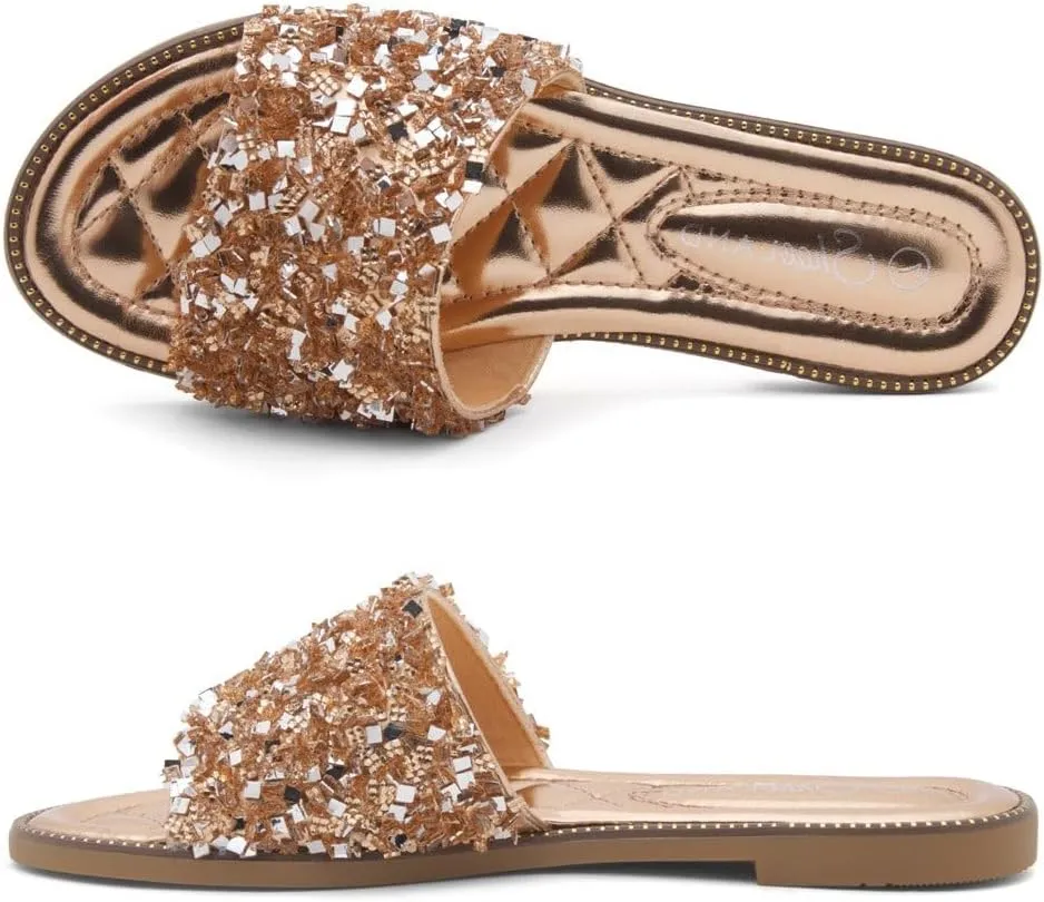 Shoe Land Joli Women's Flat Sandals, Fashion Sparkly Slides, Open Toe Rhinestone Slippers, Glitter Bling Casual Sandals with Cushioned Footbed for Summer, Daily Wear, and Party