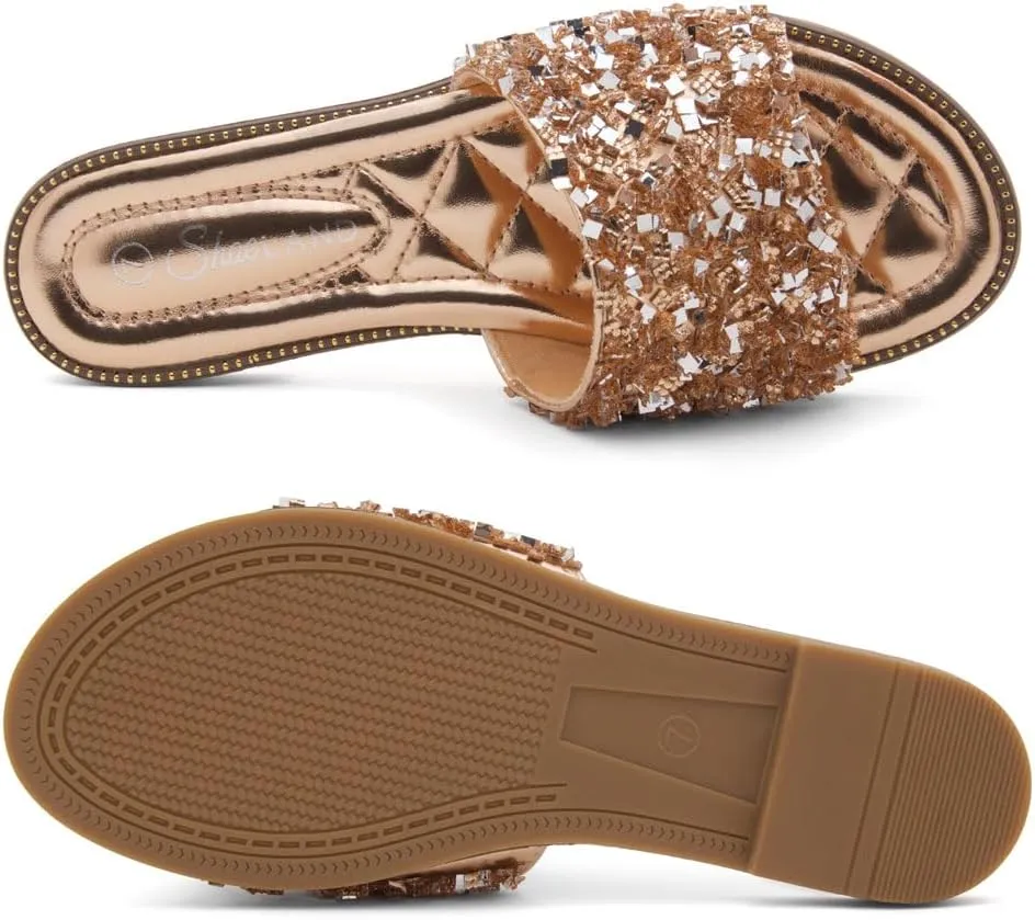 Shoe Land Joli Women's Flat Sandals, Fashion Sparkly Slides, Open Toe Rhinestone Slippers, Glitter Bling Casual Sandals with Cushioned Footbed for Summer, Daily Wear, and Party