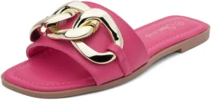 Shoe Land Women's Flat Sandals - Square Open Toe Single Band Fashion Slides with Metal Chain Dressy 2025 Trendy | Comfortable Slippers with Cushioned Footbed for Summer