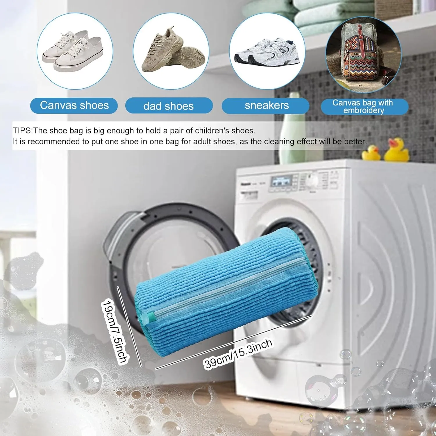 Shoe washing machine bag, Laundry shoe bag for washer and dryer, Reusable Zipper Plush Sneaker Washing Machine Bag for Shoes, Gym, Tennis, Sports Delicate Blue 2 pc