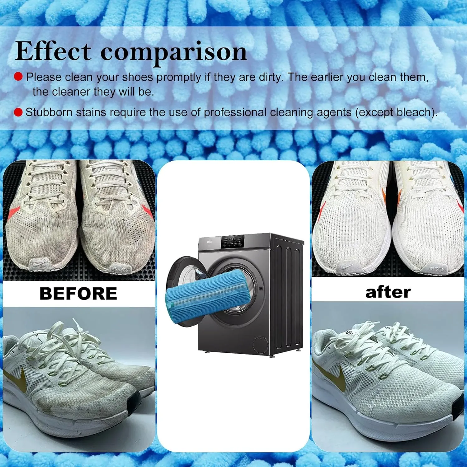 Shoe washing machine bag, Laundry shoe bag for washer and dryer, Reusable Zipper Plush Sneaker Washing Machine Bag for Shoes, Gym, Tennis, Sports Delicate Blue 2 pc