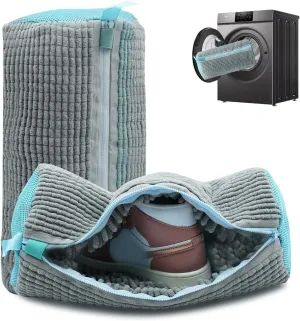 Shoe washing machine bag, laundry shoe bag for washer and dryer, Reusable Zipper Plush Sneaker Washing Machine Bag for Shoes, Gym,Tennis Shoes, Sports Delicate Gray 2pc