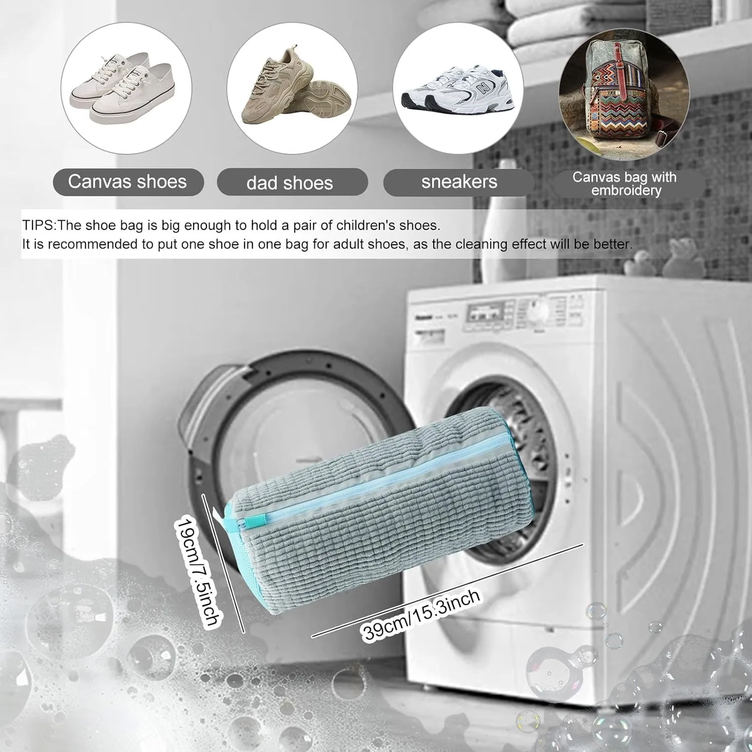 Shoe washing machine bag, laundry shoe bag for washer and dryer, Reusable Zipper Plush Sneaker Washing Machine Bag for Shoes, Gym,Tennis Shoes, Sports Delicate Gray 2pc
