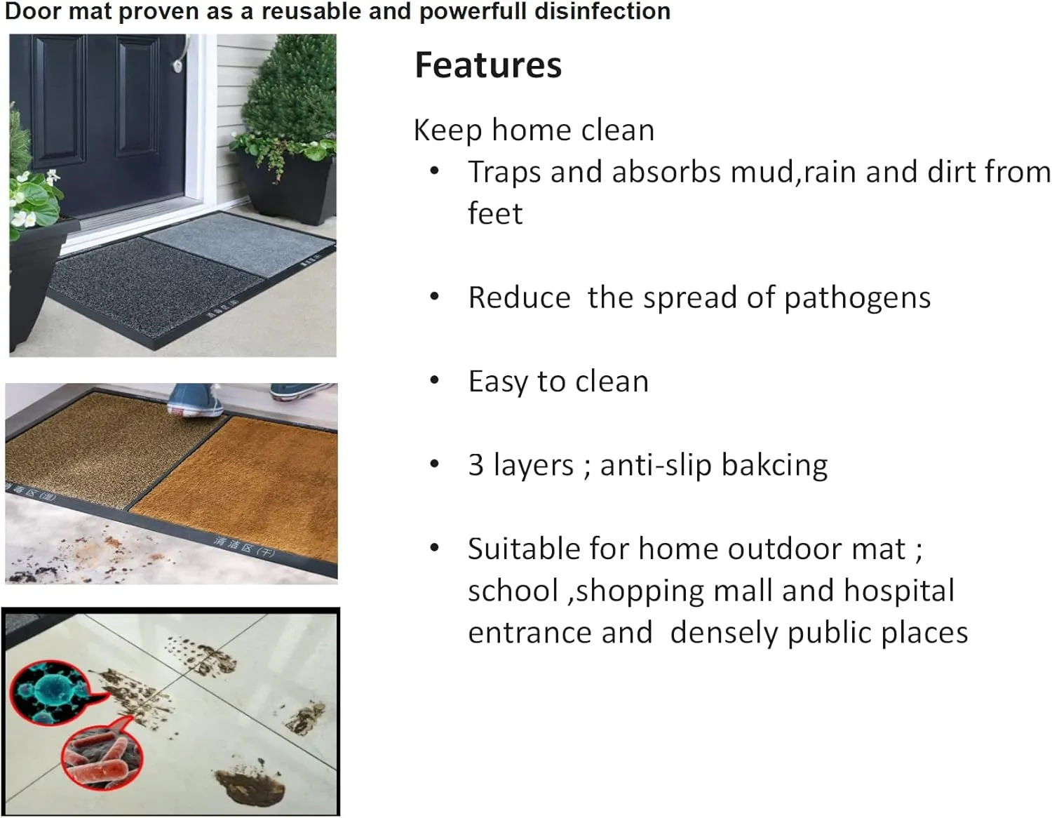 SINOPED 17.7 * 31.5 inch Doormat with Dry and Wet Area for dedusting,disinfecting Entrance Mat Outdoor Lab School Hospital (Grey, 17.7 * 31.5inch)
