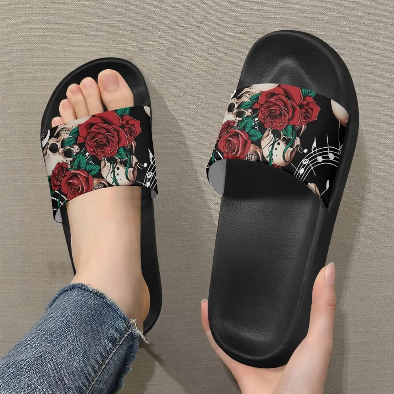 Skull Sandals Women Non-Slip Single Band Slide Sandals Non-Slip Soft Sole Flat Slippers For Indoor Outdoor