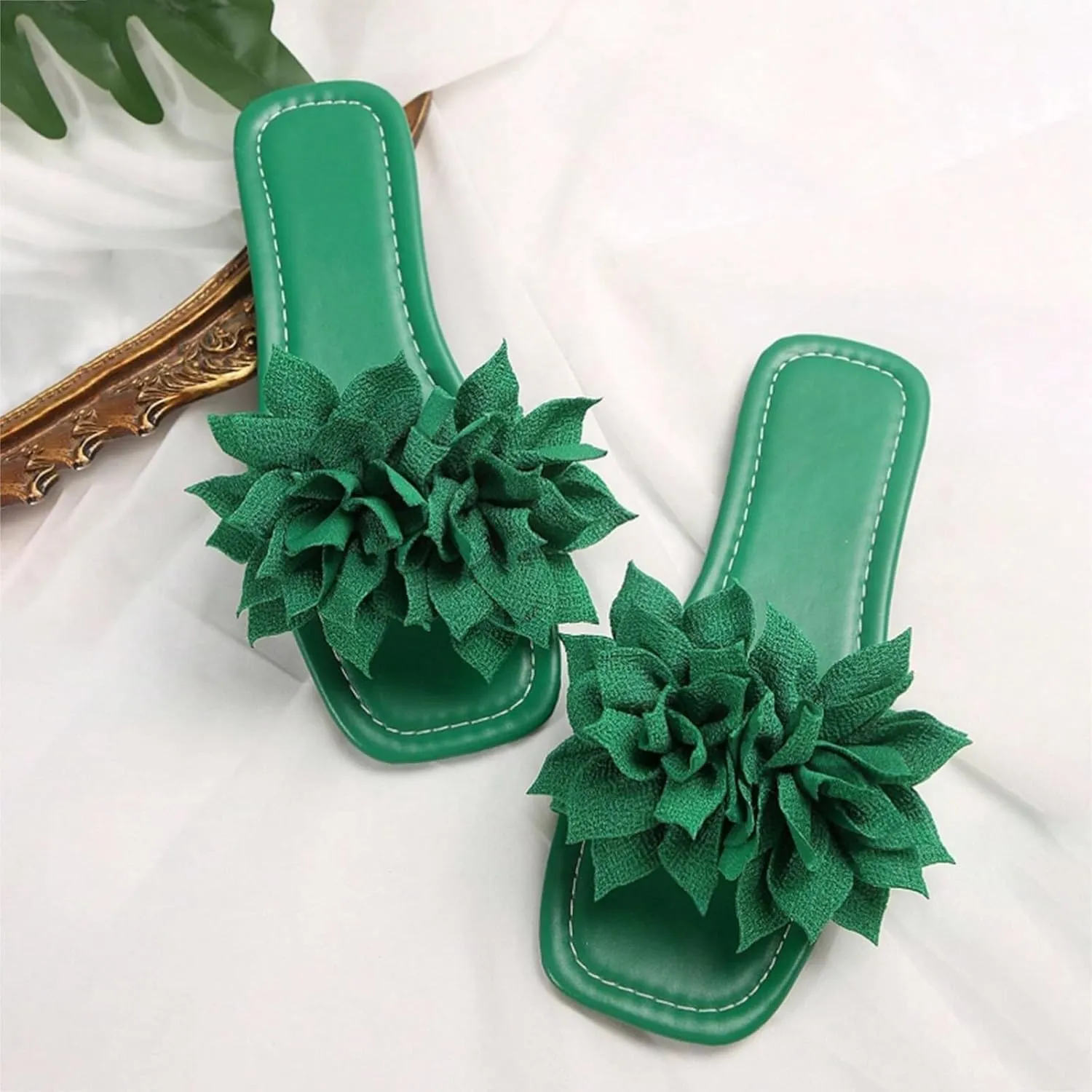 Slides Sandals Women Footwear Women's Summer Flat Casual Fashion Slippers Floral Embellishments One Line Beach Slippers