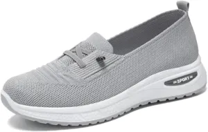 Slip On Orthopedic Sneakers Women Breathable Mesh Knitted Woven Low Top Walking Shoes Lightweight Wide Width Soft Sole Arch Support Non-Slip Shoes