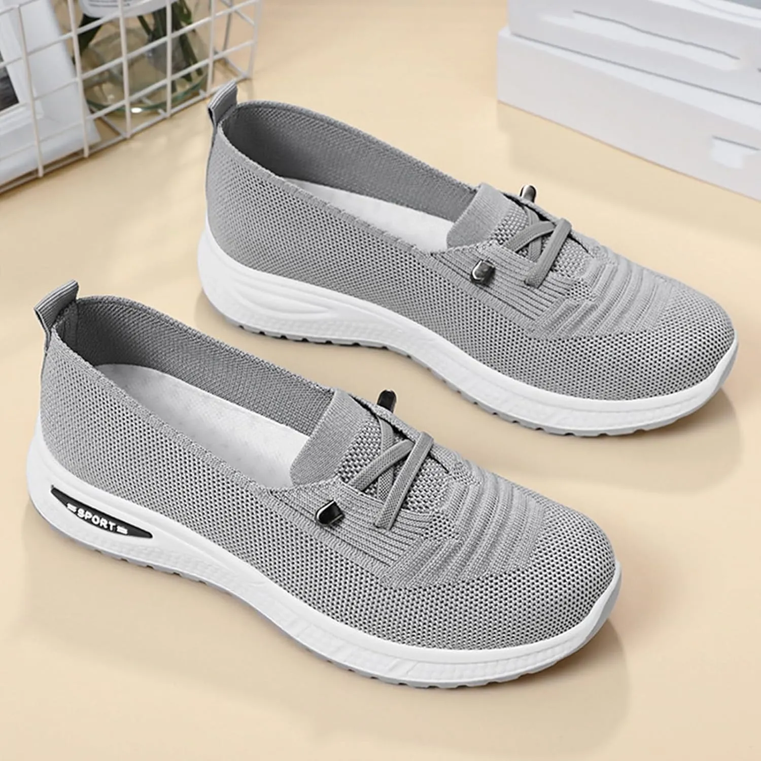 Slip On Orthopedic Sneakers Women Breathable Mesh Knitted Woven Low Top Walking Shoes Lightweight Wide Width Soft Sole Arch Support Non-Slip Shoes