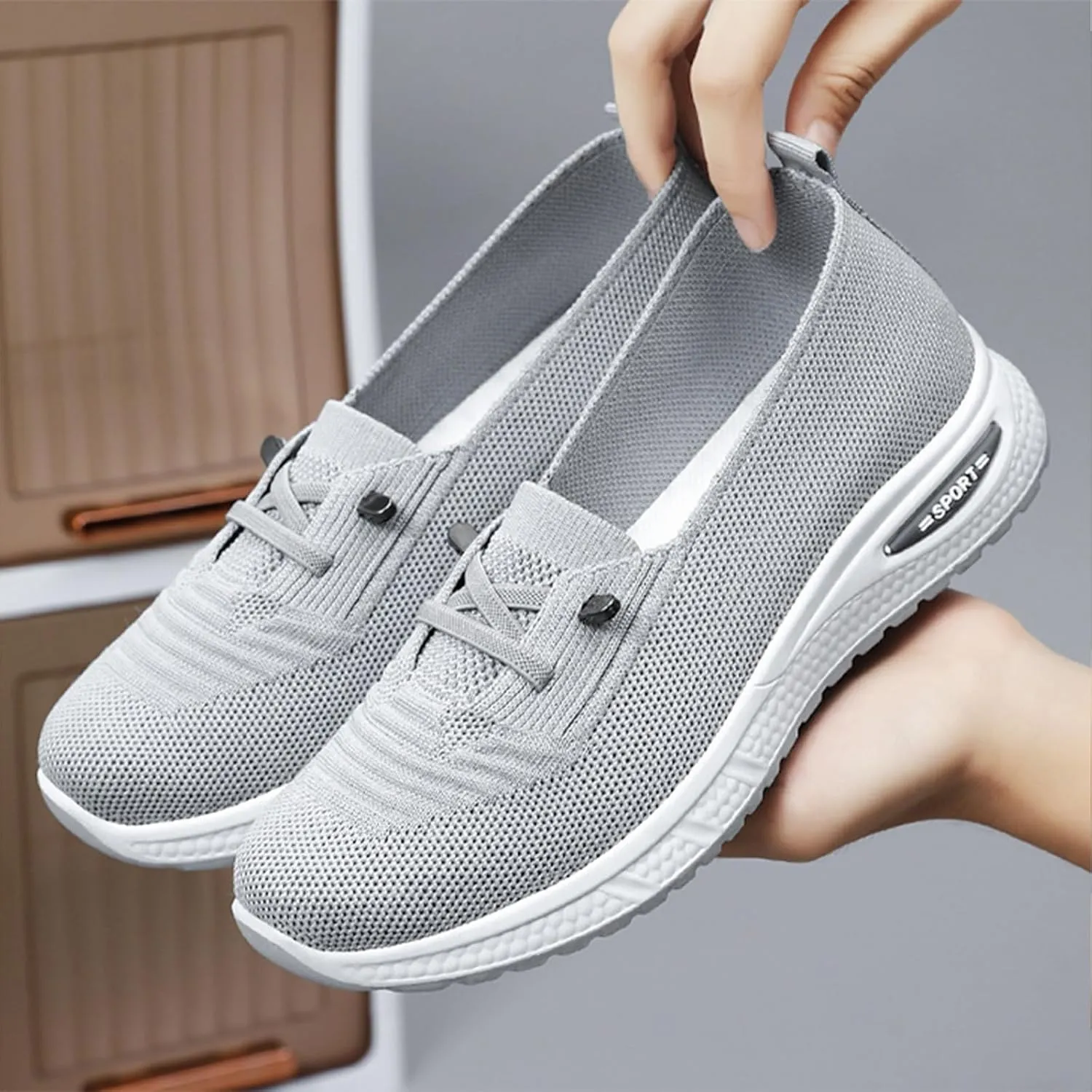 Slip On Orthopedic Sneakers Women Breathable Mesh Knitted Woven Low Top Walking Shoes Lightweight Wide Width Soft Sole Arch Support Non-Slip Shoes