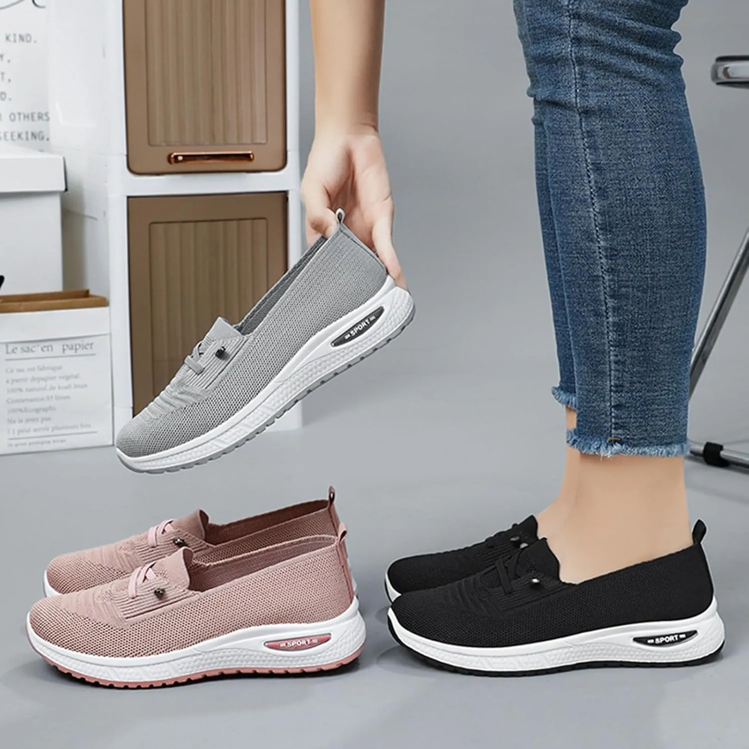 Slip On Orthopedic Sneakers Women Breathable Mesh Knitted Woven Low Top Walking Shoes Lightweight Wide Width Soft Sole Arch Support Non-Slip Shoes