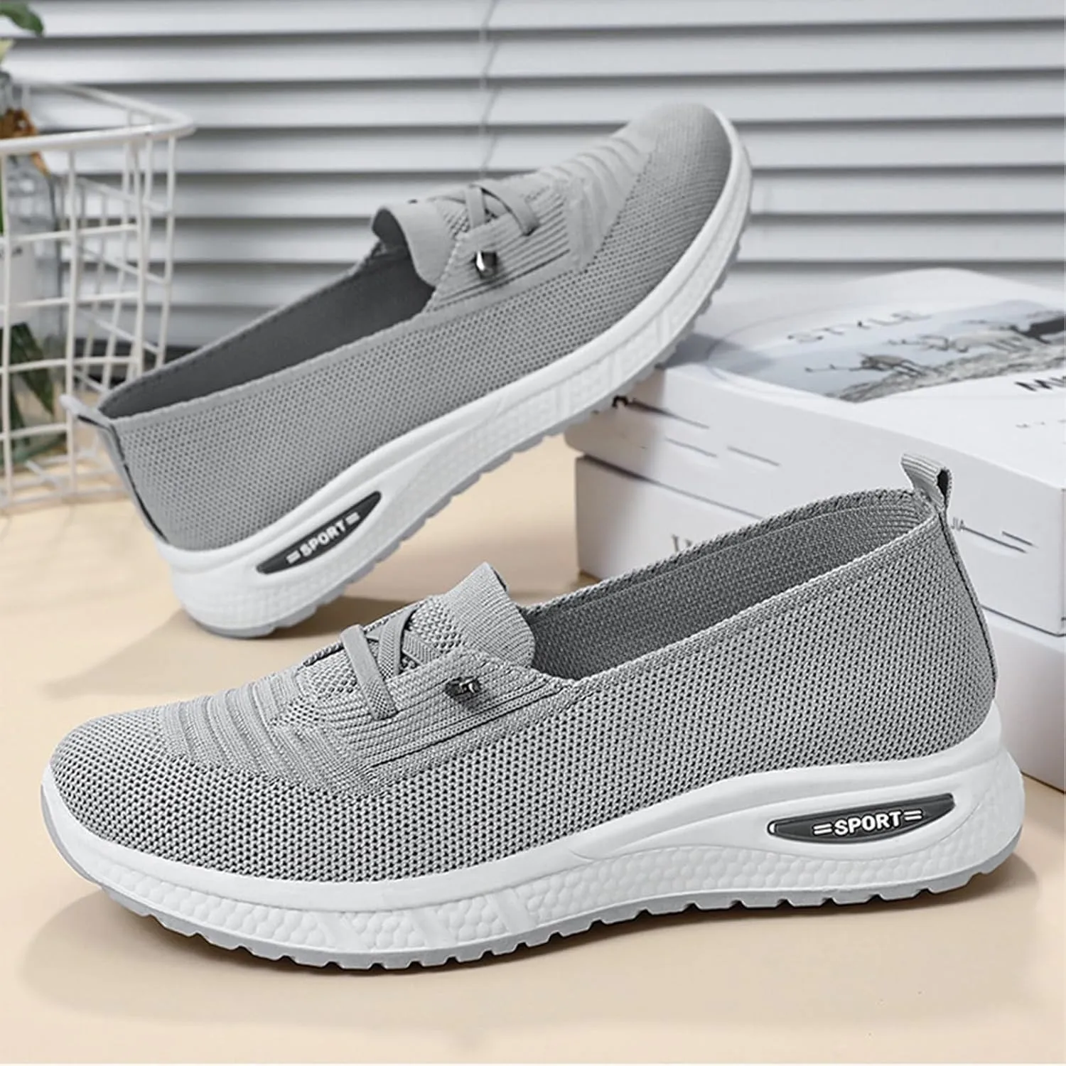 Slip On Orthopedic Sneakers Women Breathable Mesh Knitted Woven Low Top Walking Shoes Lightweight Wide Width Soft Sole Arch Support Non-Slip Shoes
