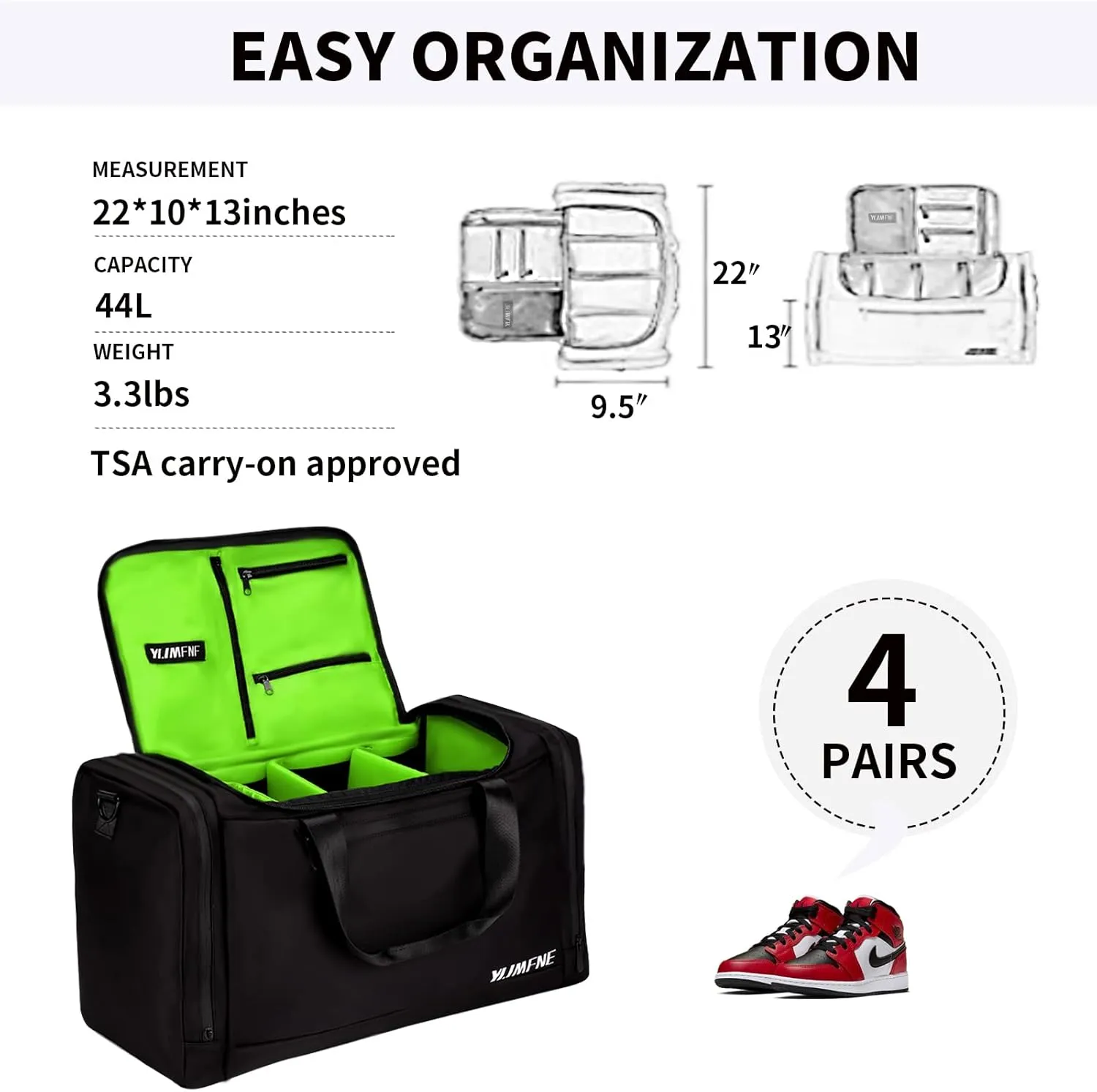 Sneaker Bag for Travel, Premium Multi-functional Duffel Bag, Gym Training Bag With 3 Adjustable Compartment Dividers, Waterproof Outdoor Sports Bag Green