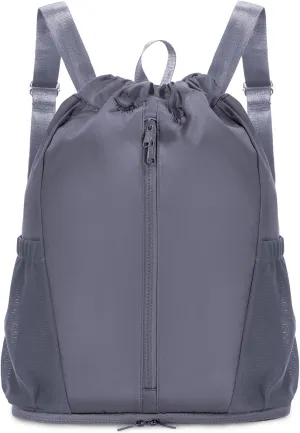 sportsnew Drawstring Backpack Sports Gym Bag with Shoes Compartment, String Backpack Cinch for Women Men, Water-Resistant Drawstring Bag for Workout Travel, Lightweight, Gray, Patent Pending