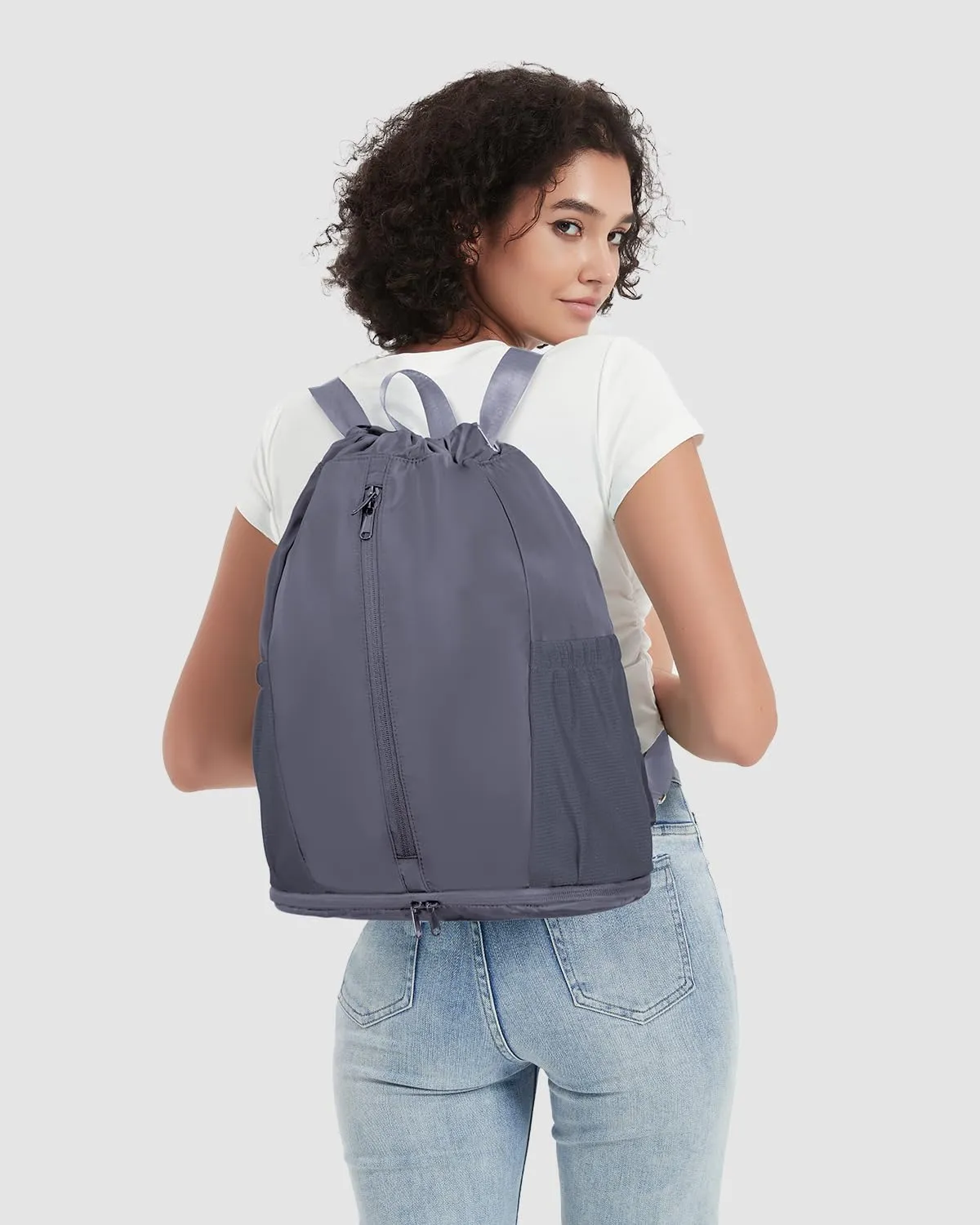 sportsnew Drawstring Backpack Sports Gym Bag with Shoes Compartment, String Backpack Cinch for Women Men, Water-Resistant Drawstring Bag for Workout Travel, Lightweight, Gray, Patent Pending