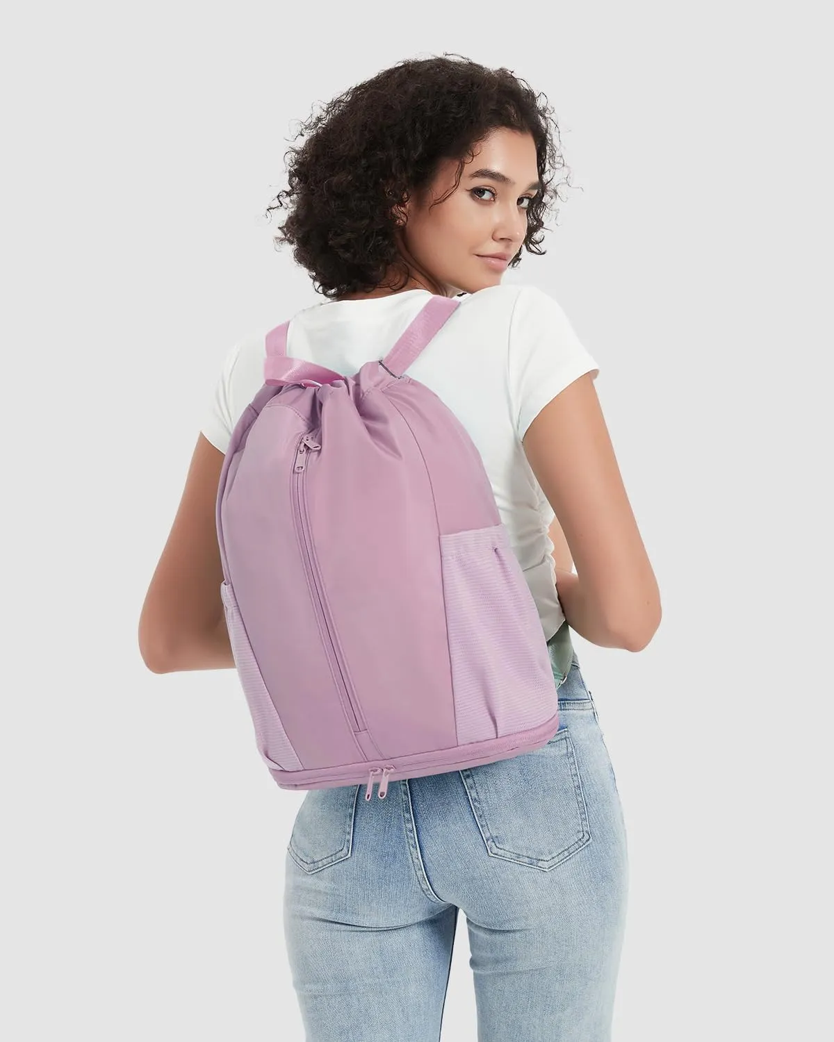 sportsnew Drawstring Backpack Sports Gym Bag with Shoes Compartment, String Backpack Cinch for Women Men, Water-Resistant Drawstring Bag for Workout Travel, Lightweight, Pink, Patent Pending